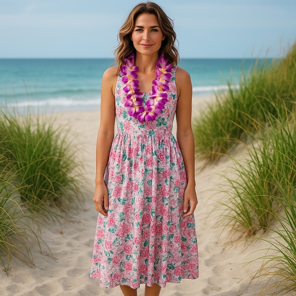 Sea Wind Cotton Pink Floral Sleeveless Summer Midi Dress Size Medium